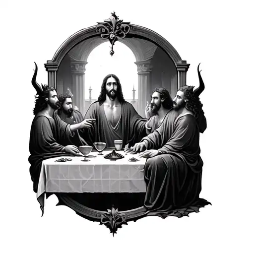 The Secret Supper Of Jesus With The 12 Apostles And The Devils With The Demon Sit In The Mirror
