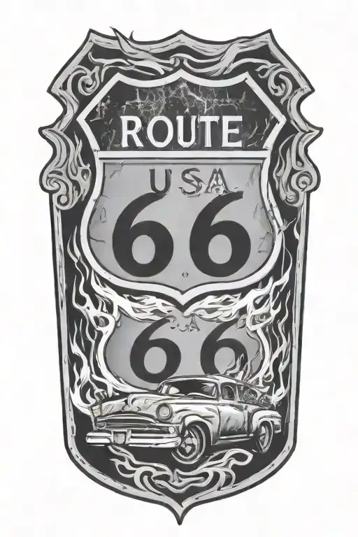Usa Route 66 Sign With A Truck And A Road And Flames