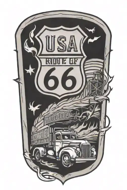 Usa Route 66 Sign With A Truck And A Road And Flames