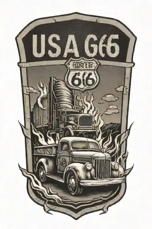 Usa Route 66 Sign With A Truck And A Road And Flames