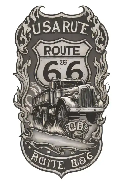 Usa Route 66 Sign With A Truck And A Road And Flames