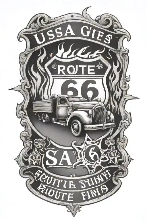 Usa Route 66 Sign With A Truck And A Road And Flames