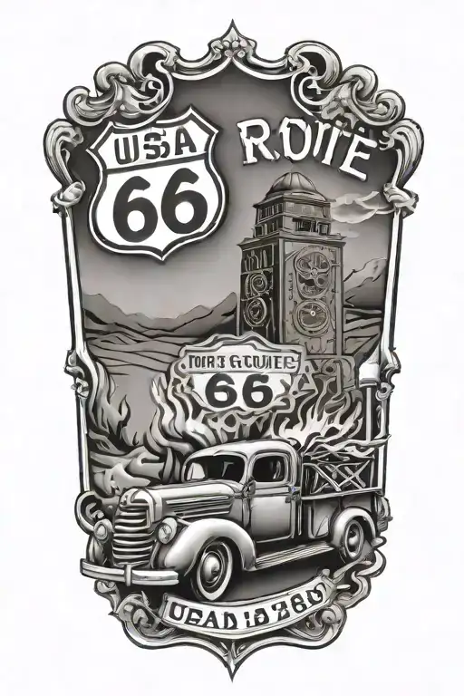 Usa Route 66 Sign With A Truck And A Road And Flames
