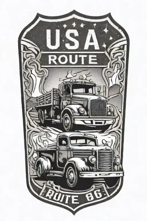 Usa Route 66 Sign With A Truck And A Road And Flames