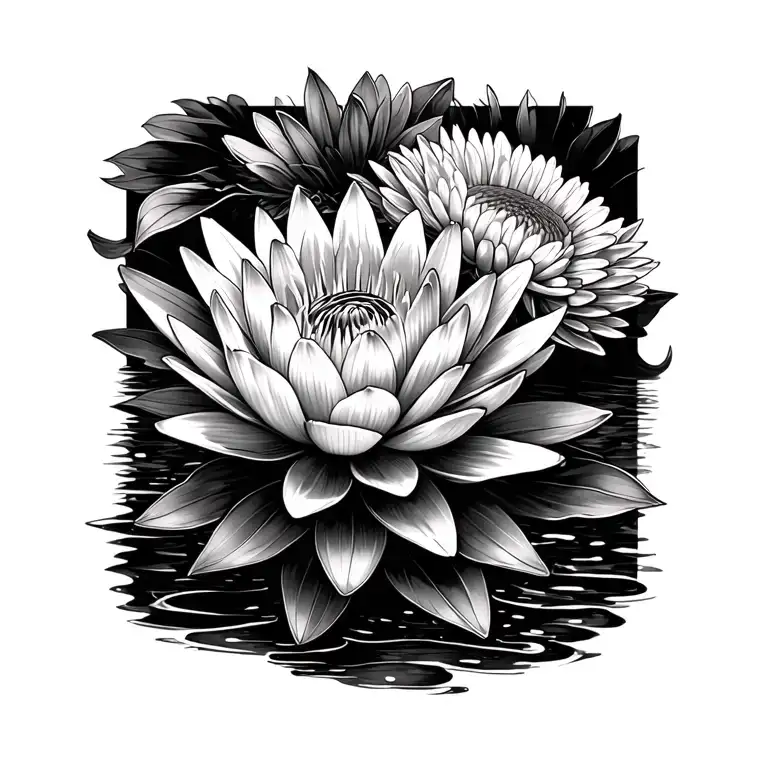 Water Lily And Chrysanthemum Flower Intertwined