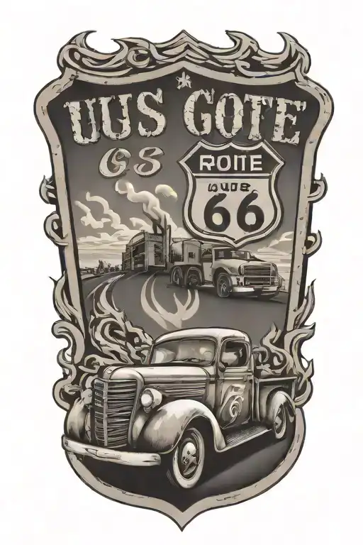 Usa Route 66 Sign With A Truck And A Road And Flames