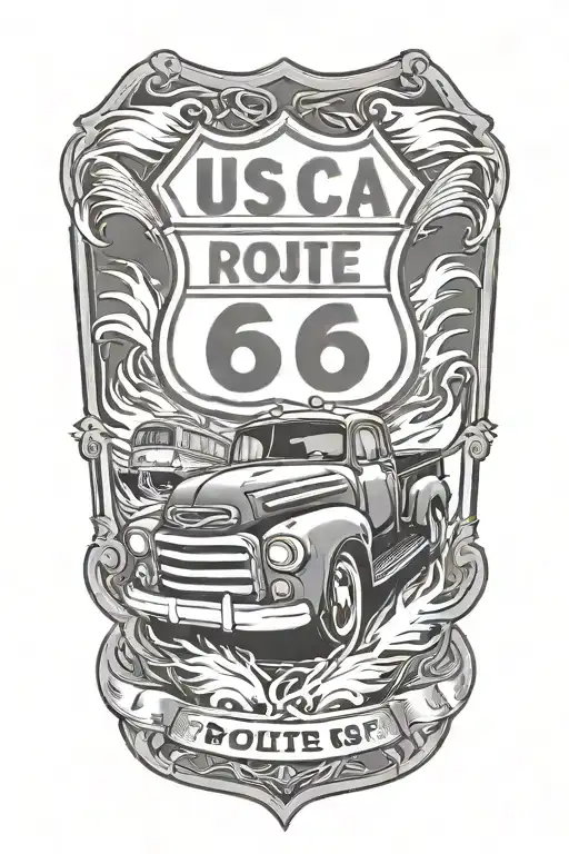 Usa Route 66 Sign With A Truck And A Road And Flames