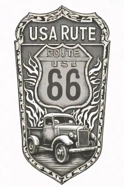 Usa Route 66 Sign With A Truck And A Road And Flames