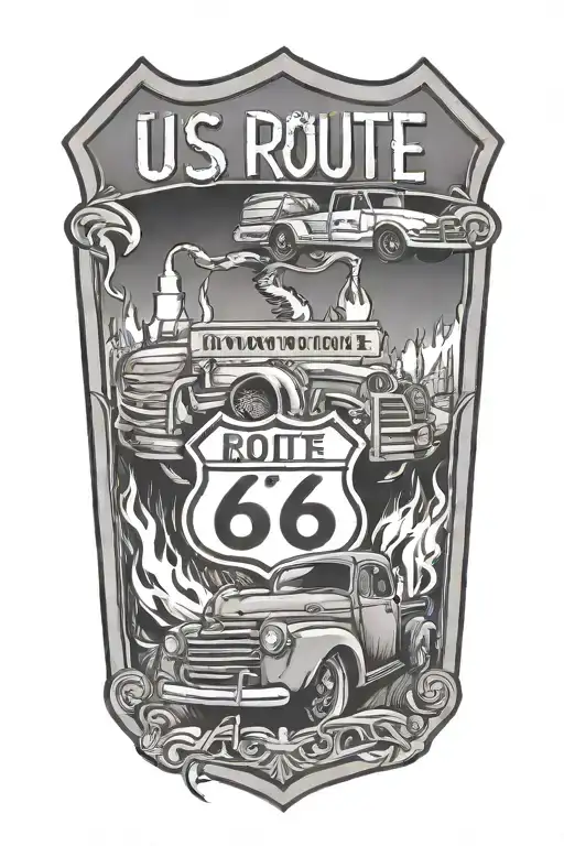 Usa Route 66 Sign With A Truck And A Road And Flames