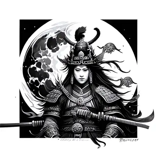 Moon And Japanese Warrior