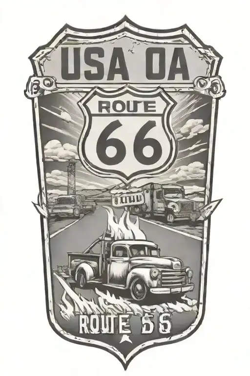 Usa Route 66 Sign With A Truck And A Road And Flames