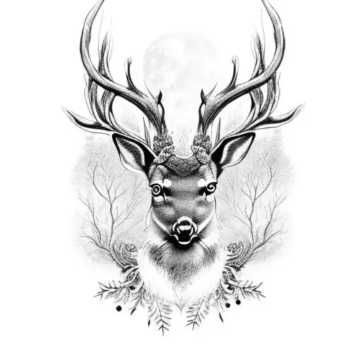 An Intricate Black And Grey Tattoo Of A Mystical Deer In A Moonlit Forest