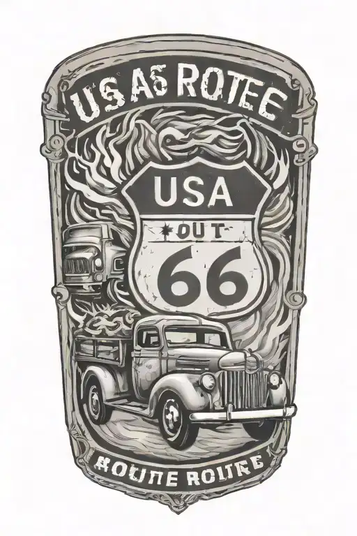 Usa Route 66 Sign With A Truck And A Road And Flames