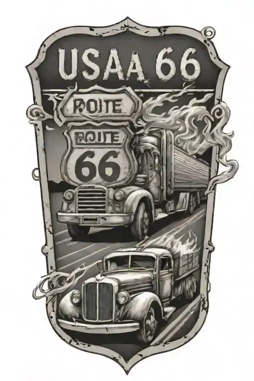 Usa Route 66 Sign With A Truck And A Road And Flames
