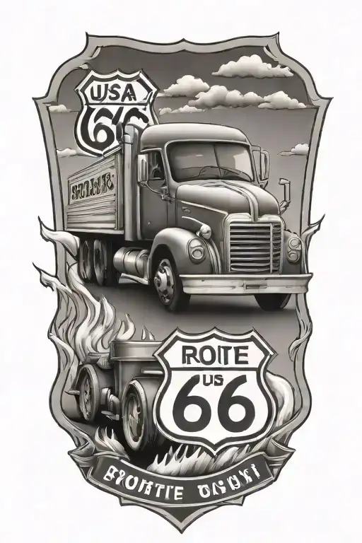 Usa Route 66 Sign With A Truck And A Road And Flame