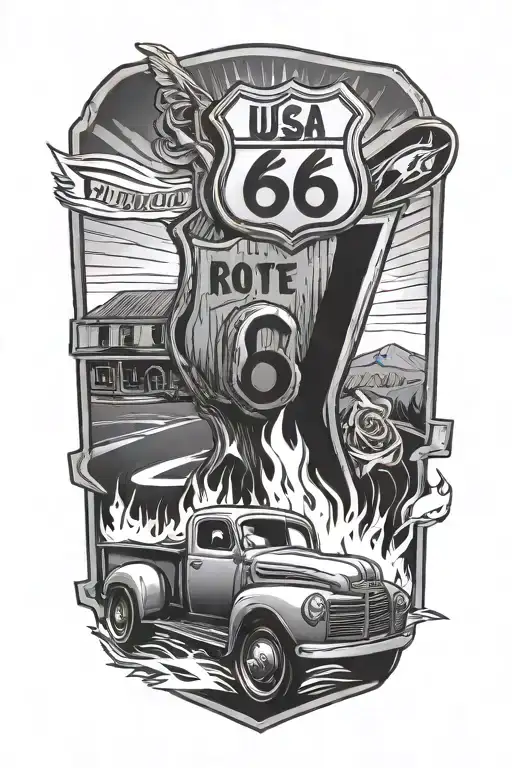 Usa Route 66 Sign With A Truck And A Road And Flame