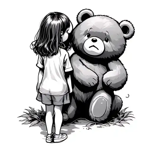 The Girl Stands With Her Back With A Plush Bear And Cries