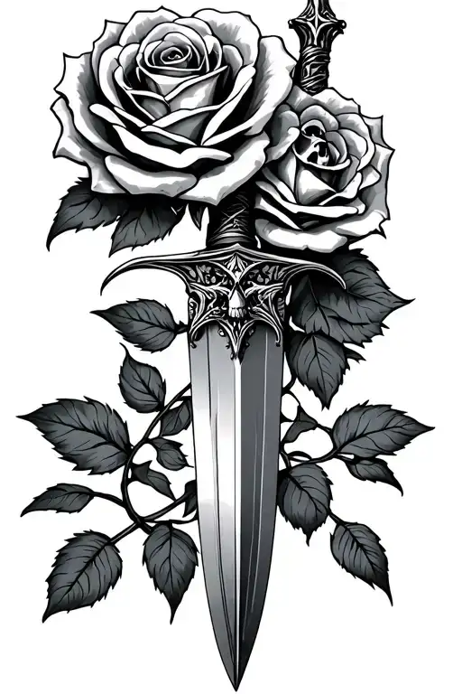 Gothic Style Tattoo Design Featuring Roses Intertwined With A Dagger With A Skull Hilt