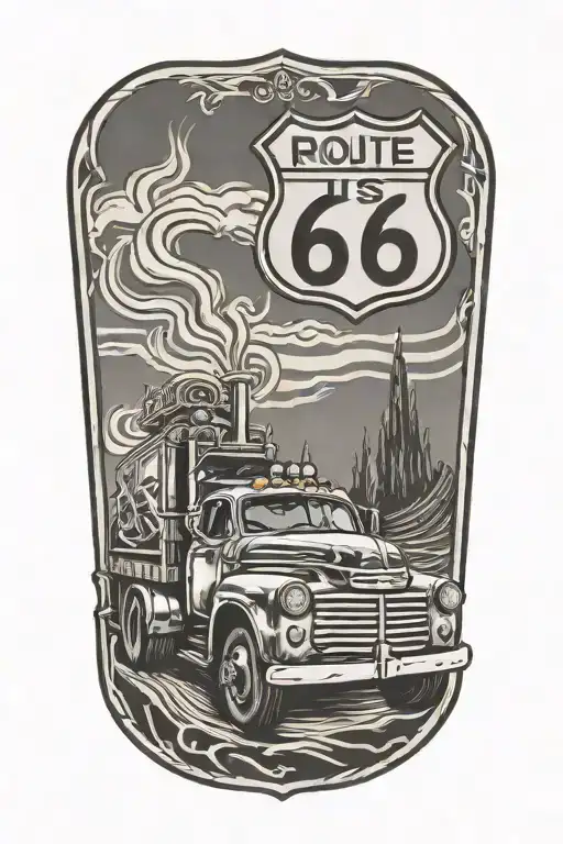 Usa Route 66 Sign With A Truck And A Road Flames