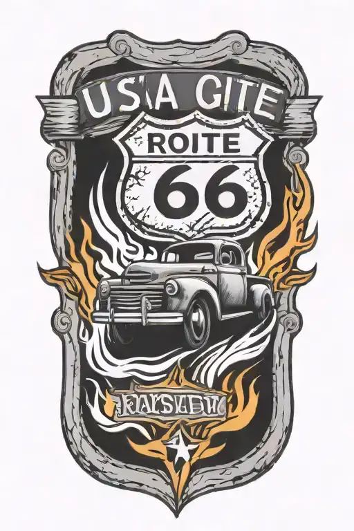 Usa Route 66 Sign With A Truck And A Road Flames