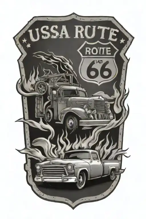 Usa Route 66 Sign With A Truck And A Road Flames Coming