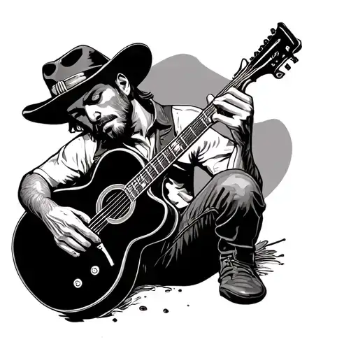 Cowboy Holding A Guitar While Asleepwith Gun In Background