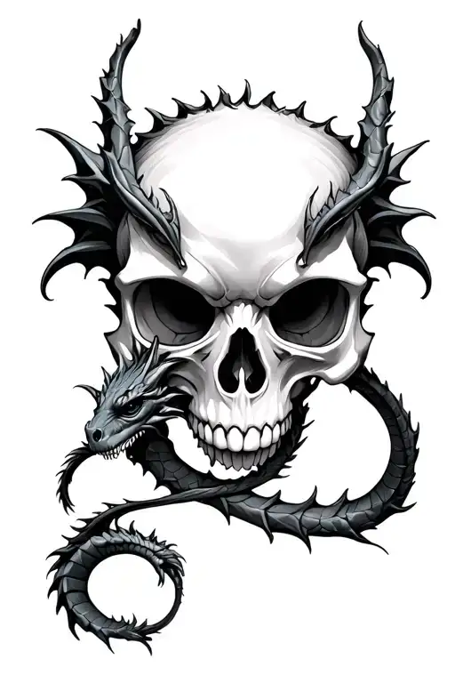 Skull With A Baby Dragon Intertwined