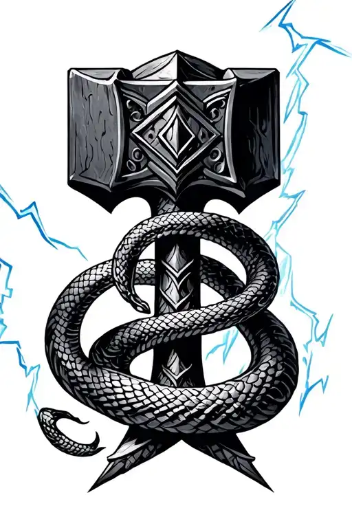 Thors Hammer With Lightning And Snake Wrapped Around