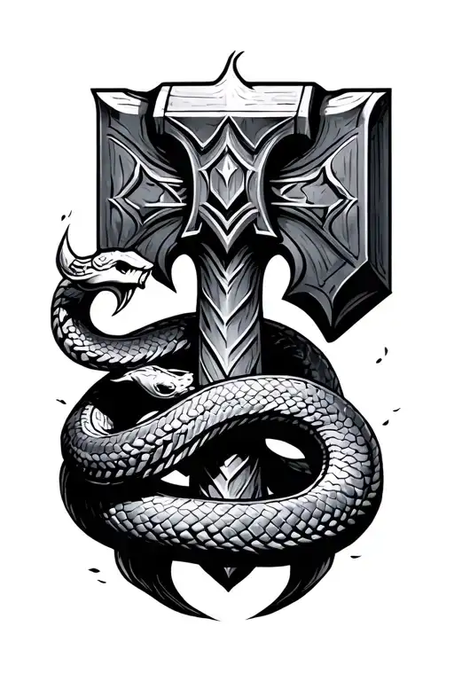 Thors Hammer With Ligtning And Snake Wrapped Around