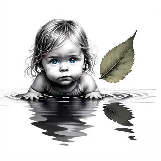 Drawing Of A Little Blonde Baby Girl With Crouching Blue Eyes On A Leaf That Flies Above The Water