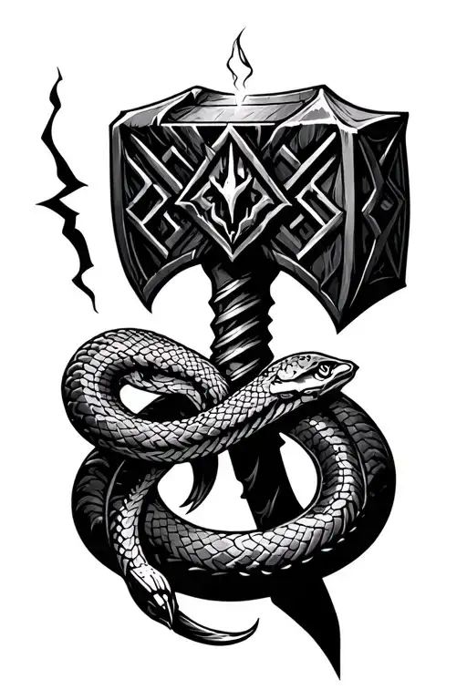 Thors Hammer With Ligtning And Snake Wrapped Around
