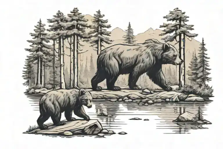 Forest With River Mountain Hammock Camp Fire A Papa Bear And Two Cubs