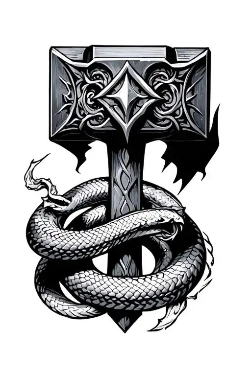Thors Hammer Head Down With Ligtning And Snake Wrapped Around