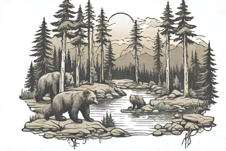 Forest With River Mountain Hammock Camp Fire A Papa Bear And Two Cubs