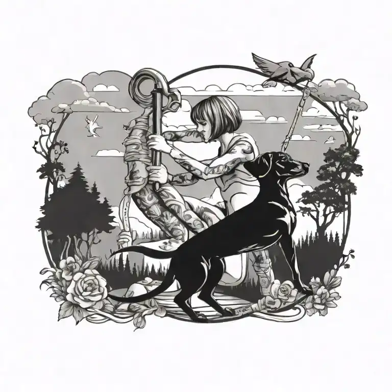 Short Hair Pole Dancer With Sausage Dog And Nature Adventure Background