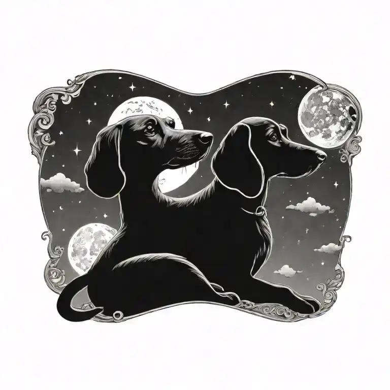 Silhouette Of Short Hair Lady With Sausage Dog In Night Sky Background