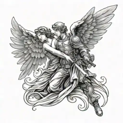 Angel And Soldier On The Background Of Wings