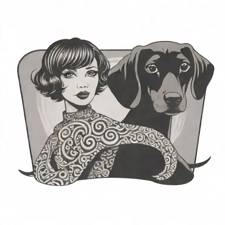 Silhouette Of Short Hair Lady With Sausage Dog With Swirl Background
