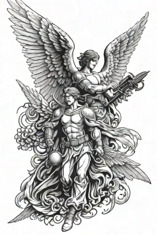 Angel And Soldier On The Background Of Wings