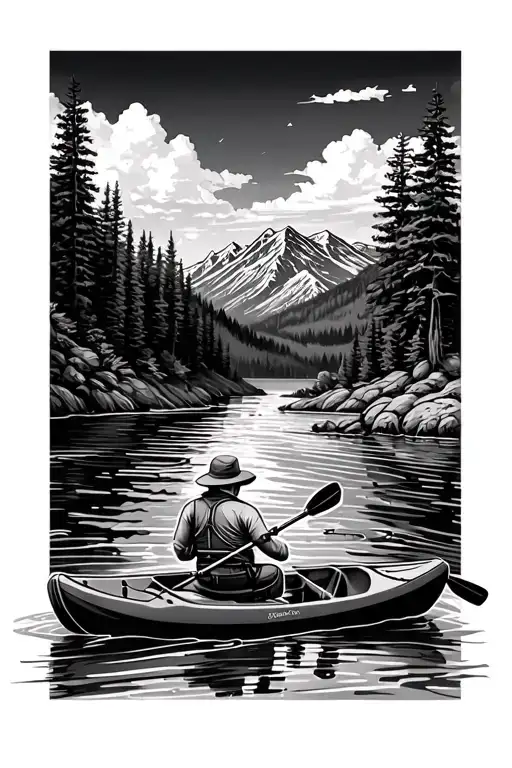 Kayaking A River With Fishing Poles And Mountain Scenery