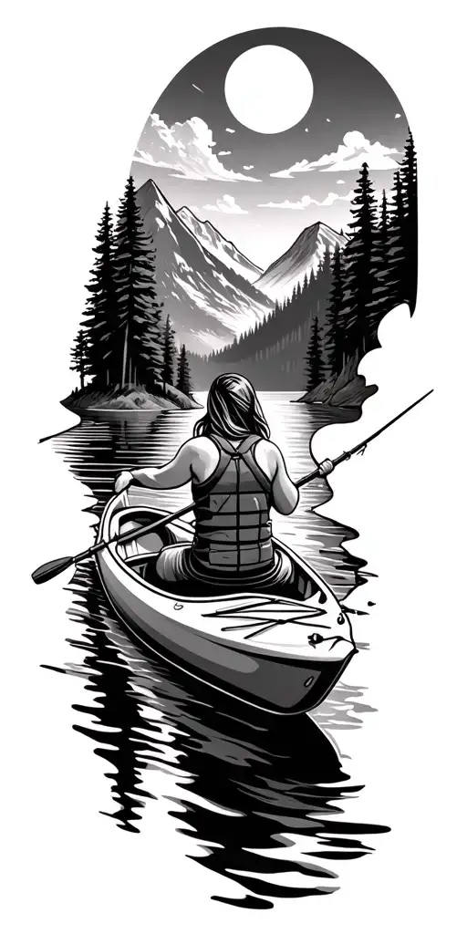 Female Kayaking A River While Fishing And A Mountain Scenery