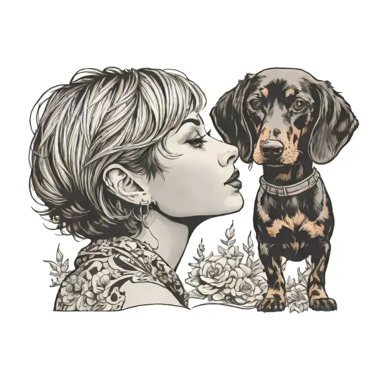 Short Haired Women Silhouette With Brown And Black Sausage Dog