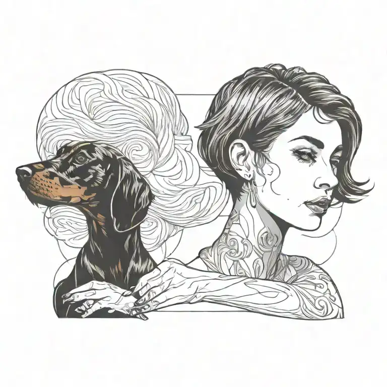 Short Haired Women Dark Silhouette With Brown And Black Sausage Dog