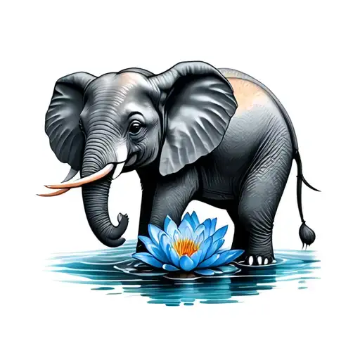 Baby Elephant With Blue Water Lily In Its Trunk