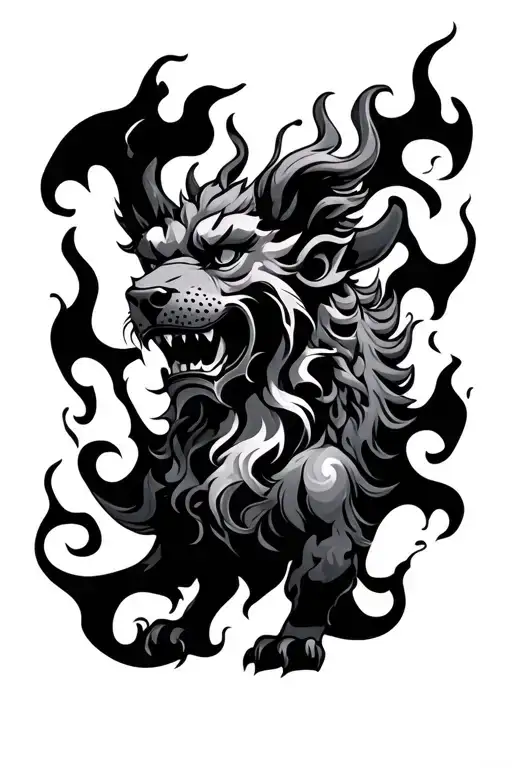 Oni With Foo Dog And Flames
