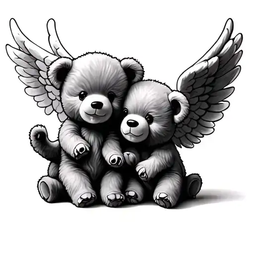 Two Teddies With Angel Wings Flying
