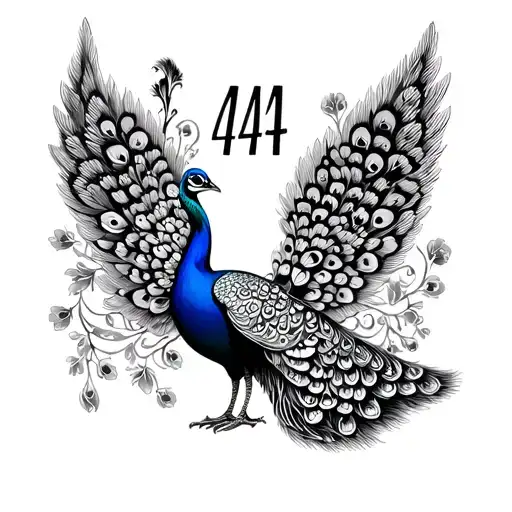 Small Feminine Fineline Outline Of Peacock With The 444 Angel Number