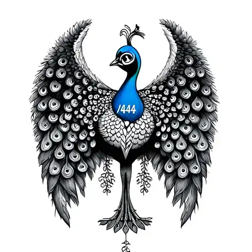 No Colour Small Feminine Fineline Outline Of Peacock With The 444 Angel Number