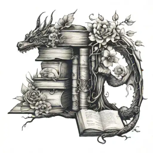 Books Growing As Tree With Dragon Wrapped With Flowers And Film Reels