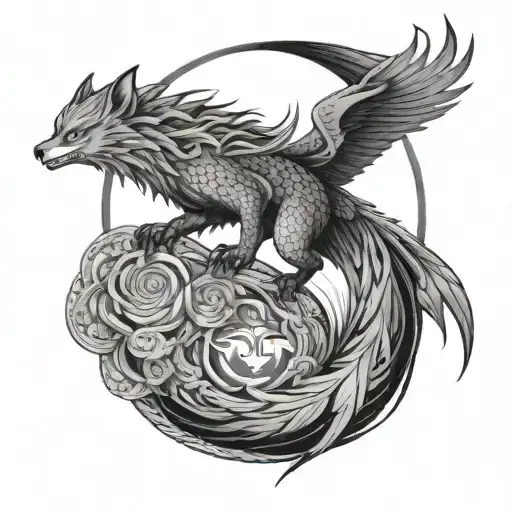 Phoenix And Nine Tailed Fox And Moon